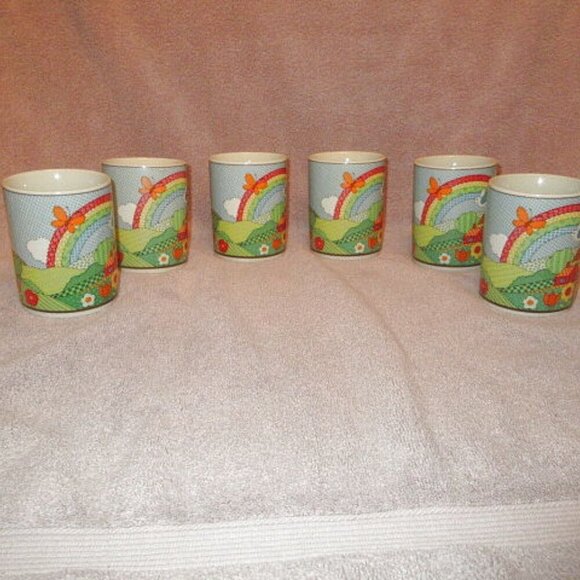 SET OF 6 Vintage OTAGIRI Butterfly RAINBOW Coffee MUGS Cross Stitch HOUSE Bird - Picture 8 of 10
